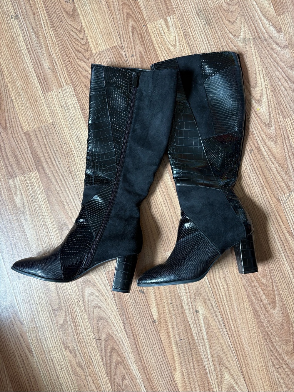 Black Mixed-Texture Mid-Calf Heeled Boots